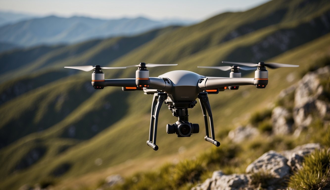 Drone hovers over rugged terrain, capturing detailed topographic data. Its camera scans the landscape, overcoming obstacles and limitations