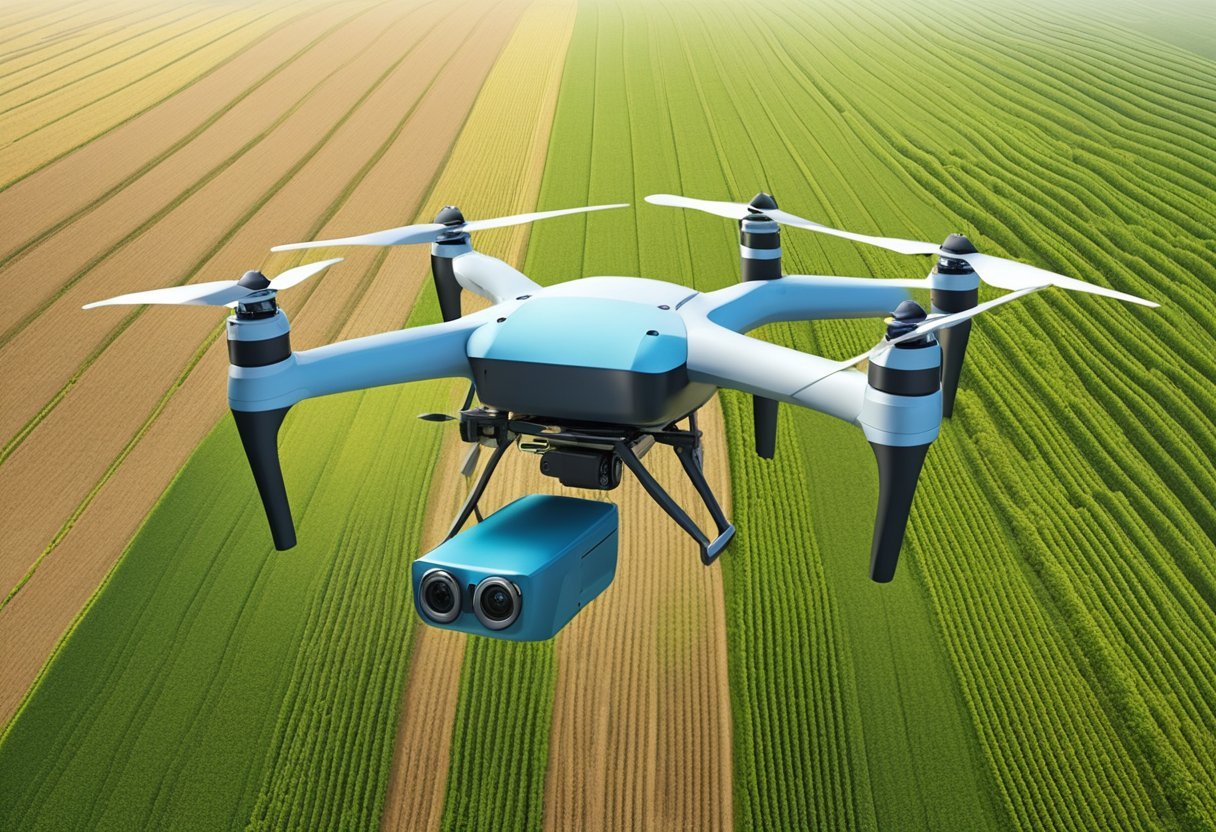 A drone hovers over a vast agricultural field, capturing data for GIS mapping. The farmer navigates challenges of accuracy and data interpretation