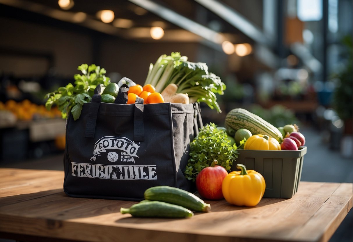 A reusable tote bag filled with fresh produce, bulk items, and eco-friendly products. A compost bin and recycling bins nearby