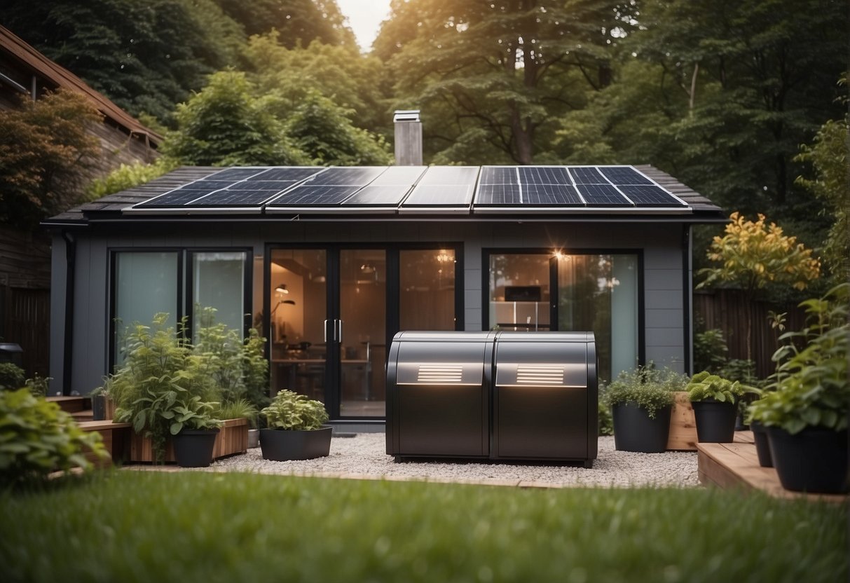 A cozy home with LED lights, smart thermostat, and energy-efficient appliances. A garden with a compost bin and rainwater collection system. Solar panels on the roof