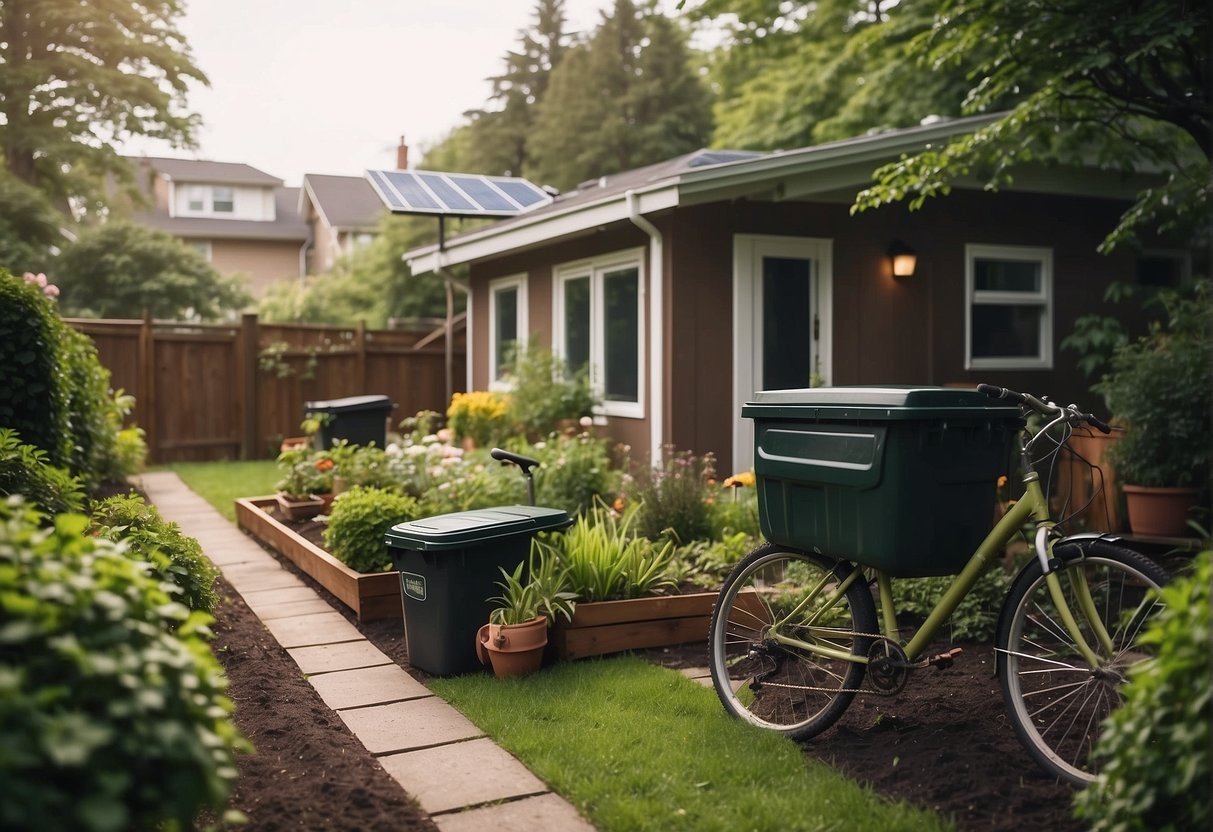 A garden with compost bins, rain barrels, and solar panels next to a house. Bicycles and a public transportation stop nearby