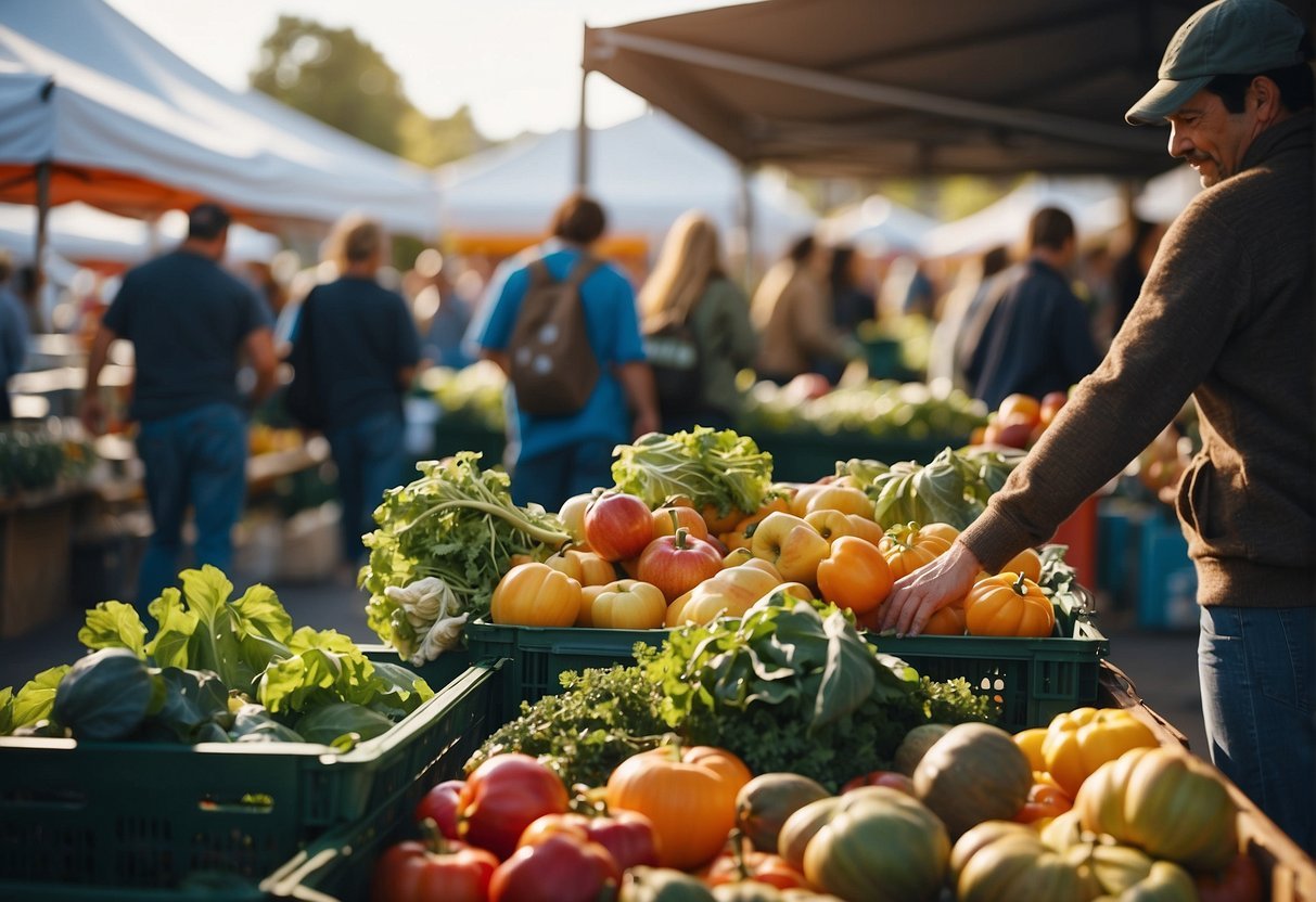 A bustling farmer's market with vendors selling locally grown produce, reusable bags and containers, and a community composting station