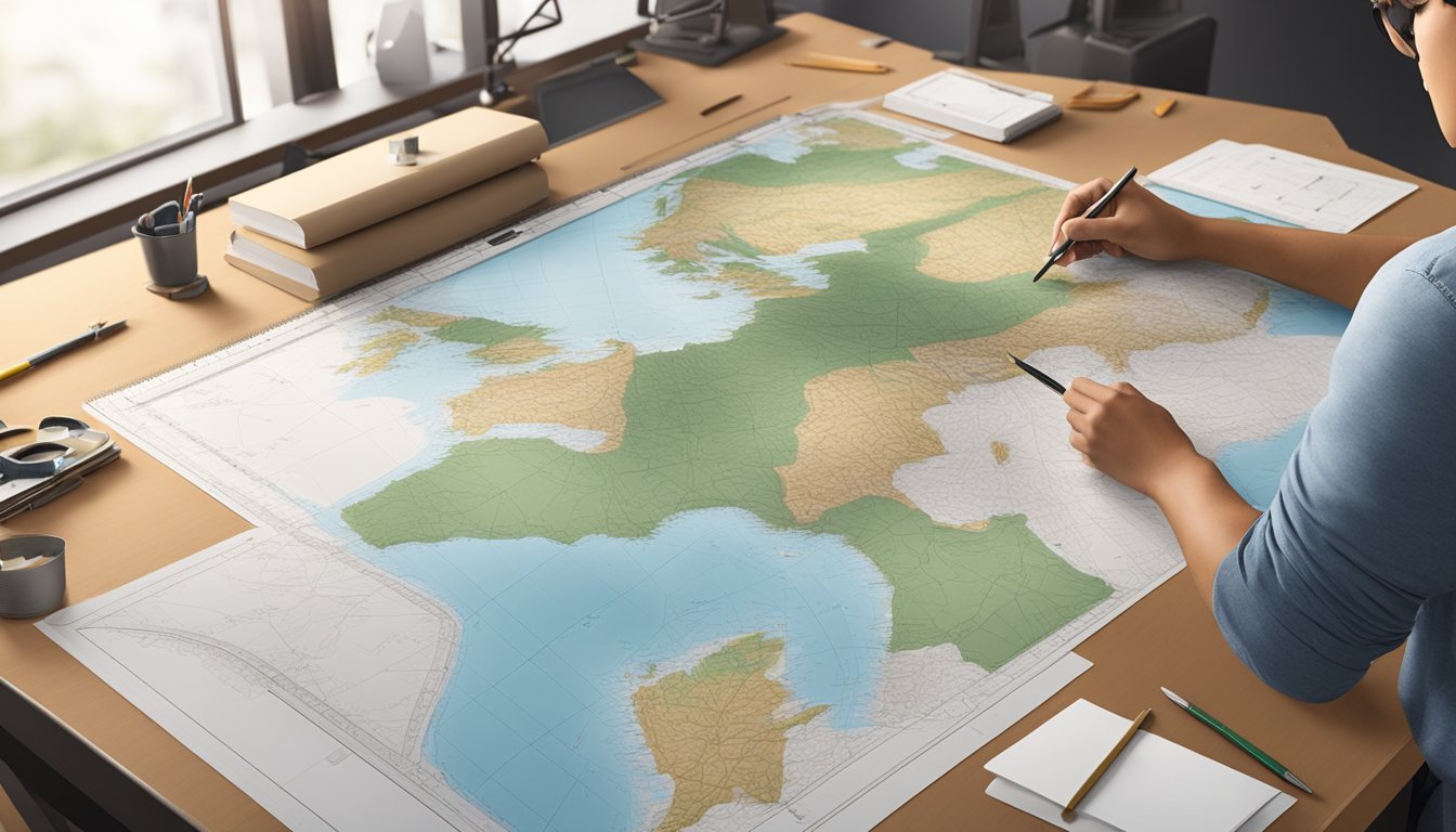 A land parcel map being created with a cartographer using a ruler, compass, and pen on a large drafting table