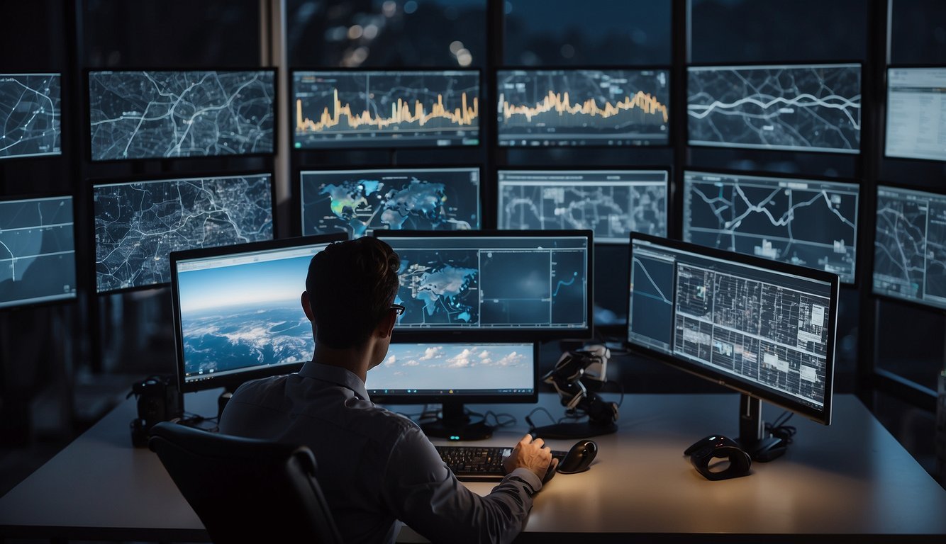 A person using a computer to analyze drone mapping data, with various software and tools displayed on the screen and desk