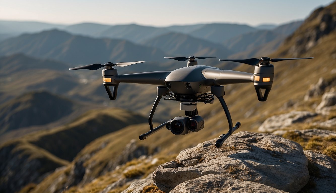 A drone hovers over a rugged landscape, capturing detailed images for mapping purposes