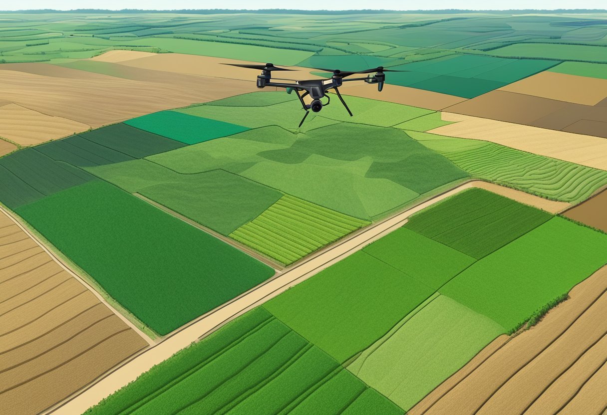Agricultural field with drone flying overhead, capturing data. GIS software used to analyze and map crop health and soil conditions