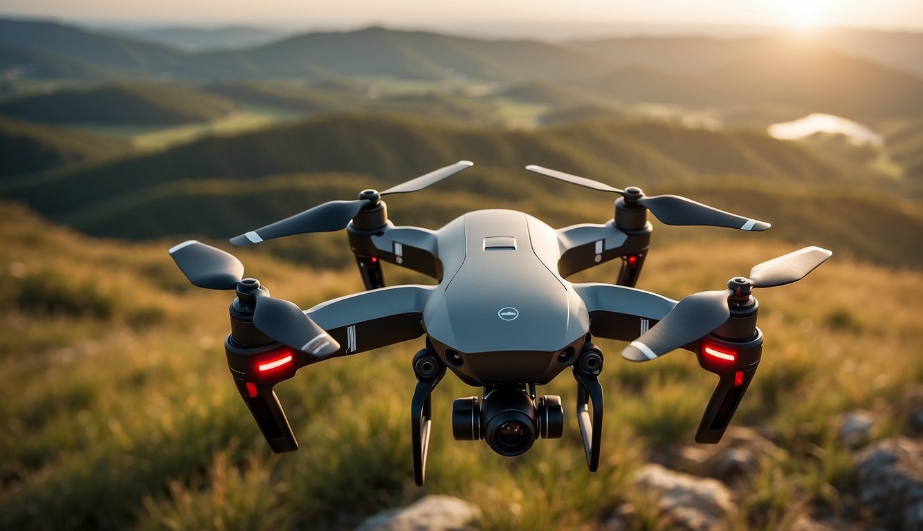 A drone hovers above a landscape, capturing images with its camera. The images are then processed and stitched together to create an accurate map